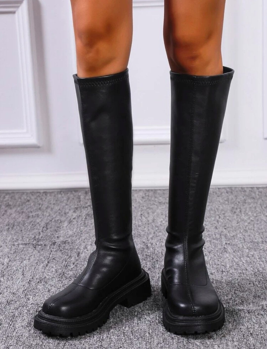 SABRINA BLACK KNEE HIGH CHUNKY SOLE BOOTS